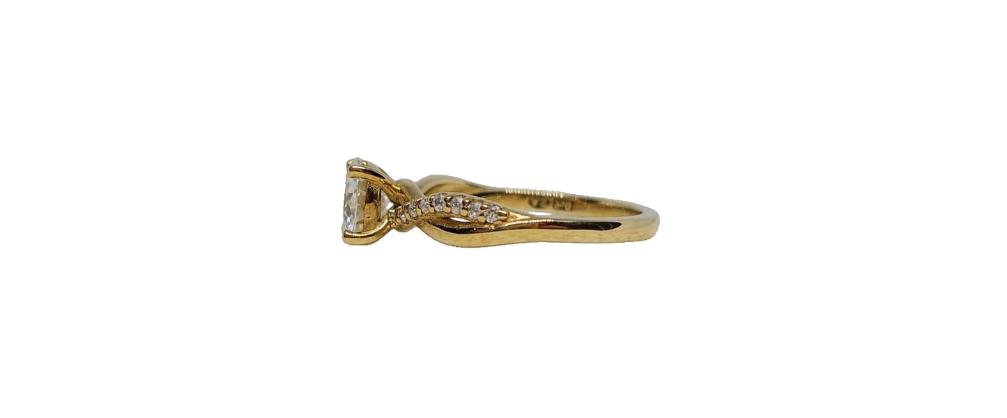 9ct Yellow gold round cut moissanite plain and moissanite crossover shank ring