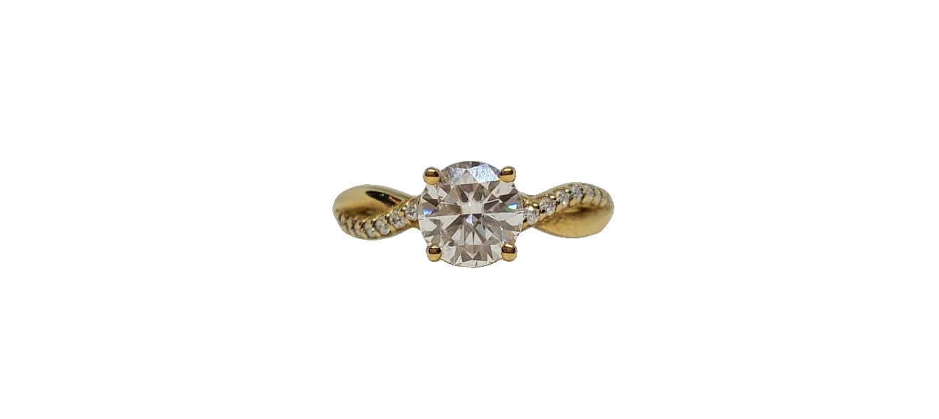 9ct Yellow gold round cut moissanite plain and moissanite crossover shank ring