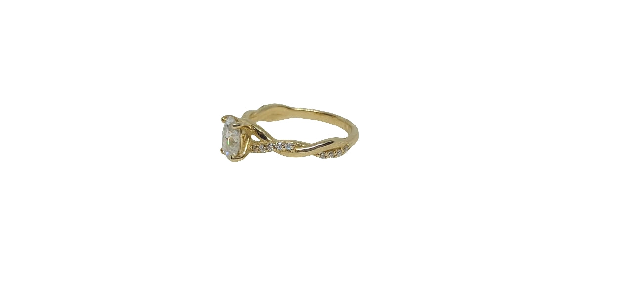 9ct Yellow gold oval moissanite with twisted plain and moissanite shank ring