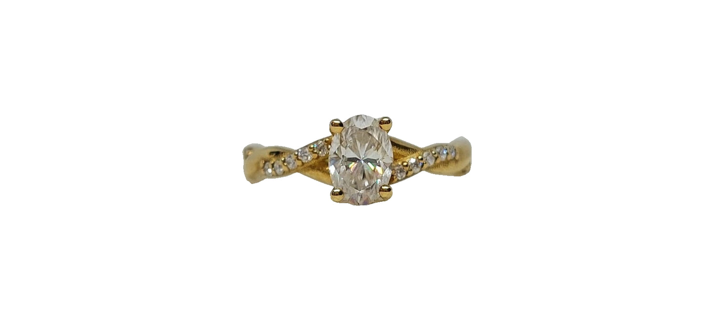 9ct Yellow gold oval cut moissanite plain and moissanite crossover shank ring