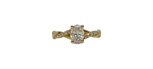 9ct Yellow gold oval cut moissanite plain and moissanite crossover shank ring