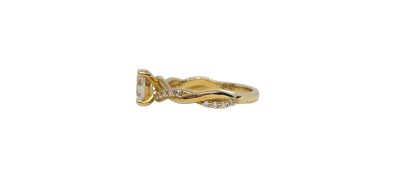 9ct Yellow gold oval cut moissanite plain and moissanite crossover shank ring