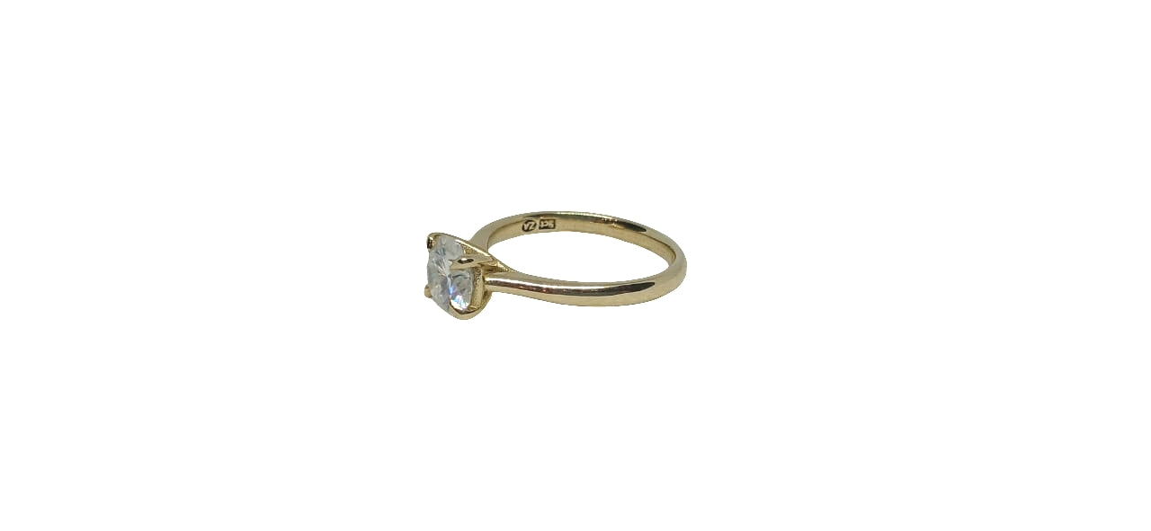 9ct Yellow gold round cut moissanite with a plain round shank ring