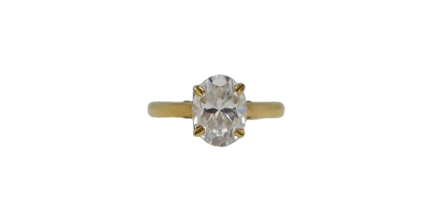 9ct Yellow gold oval cut moissanite solitaire plain tapered shank ring