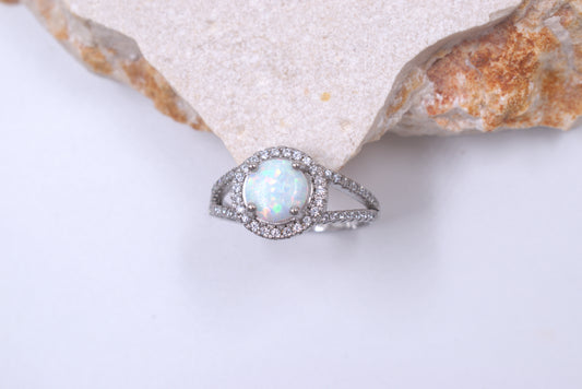 Sterling Silver Round Crushed White Opal Split Shank Ring (October Birthstone)