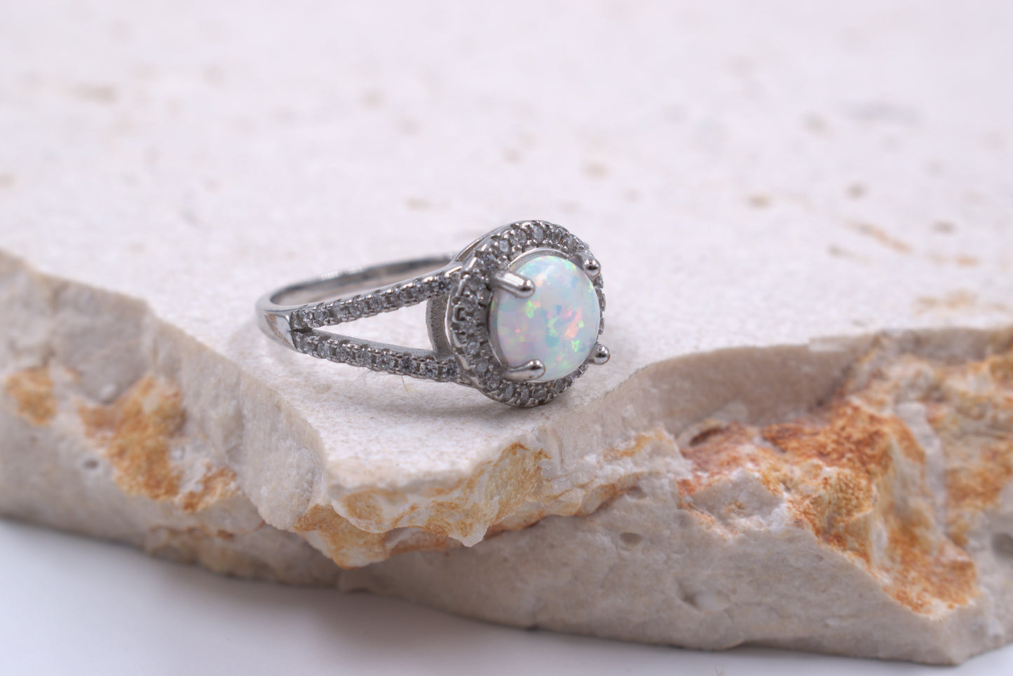 Sterling Silver Round Crushed White Opal Split Shank Ring (October Birthstone)