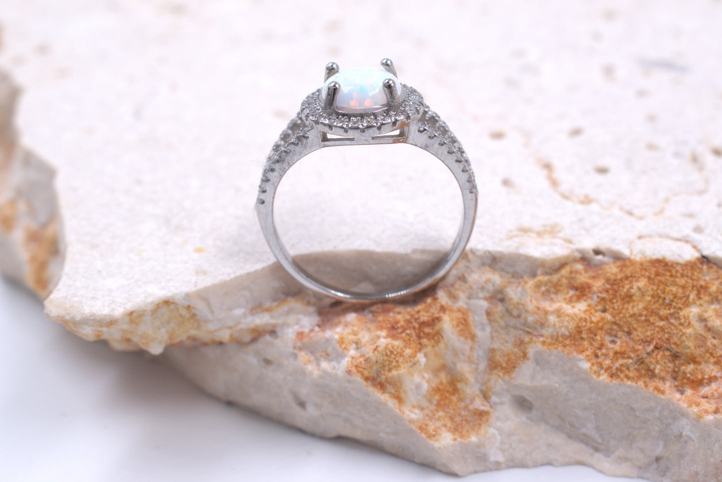 Sterling Silver Round Crushed White Opal Split Shank Ring (October Birthstone)