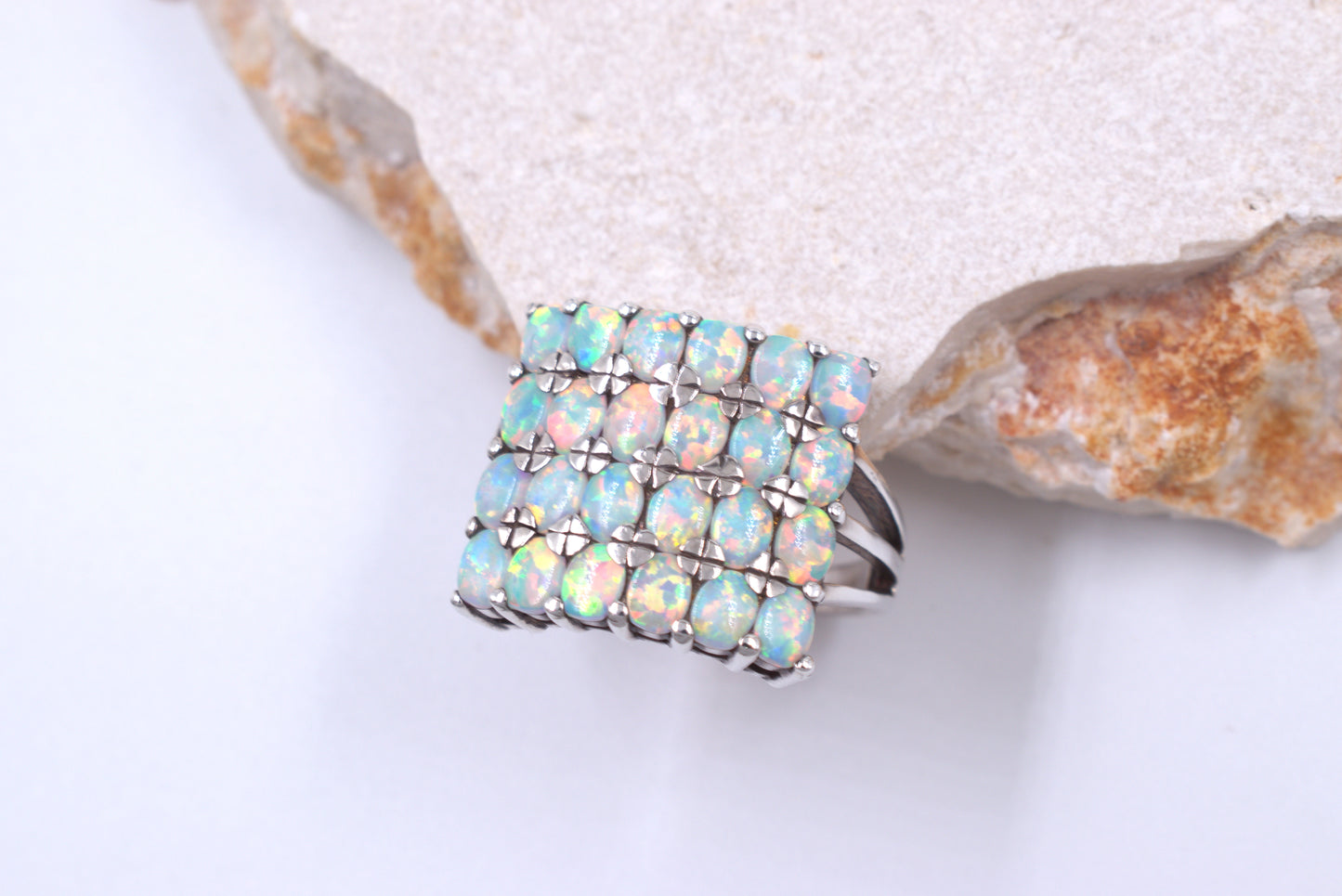 Sterling Silver Large Square Opal Ring (October Birthstone)