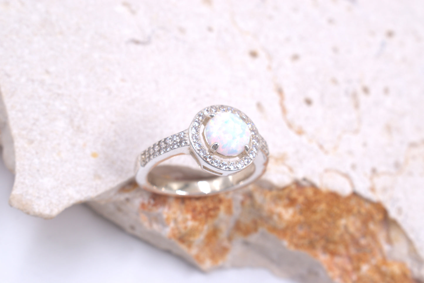Sterling Silver Round White Crushed Opal Ring (October Birthstone)
