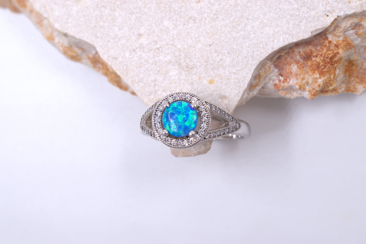 Sterling Silver Round Crushed Blue Opal Vintage Style Ring (October Birthstone)