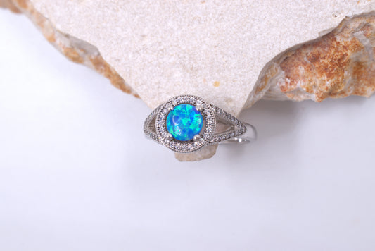 Sterling Silver Round Crushed Blue Opal Vintage Style Ring (October Birthstone)