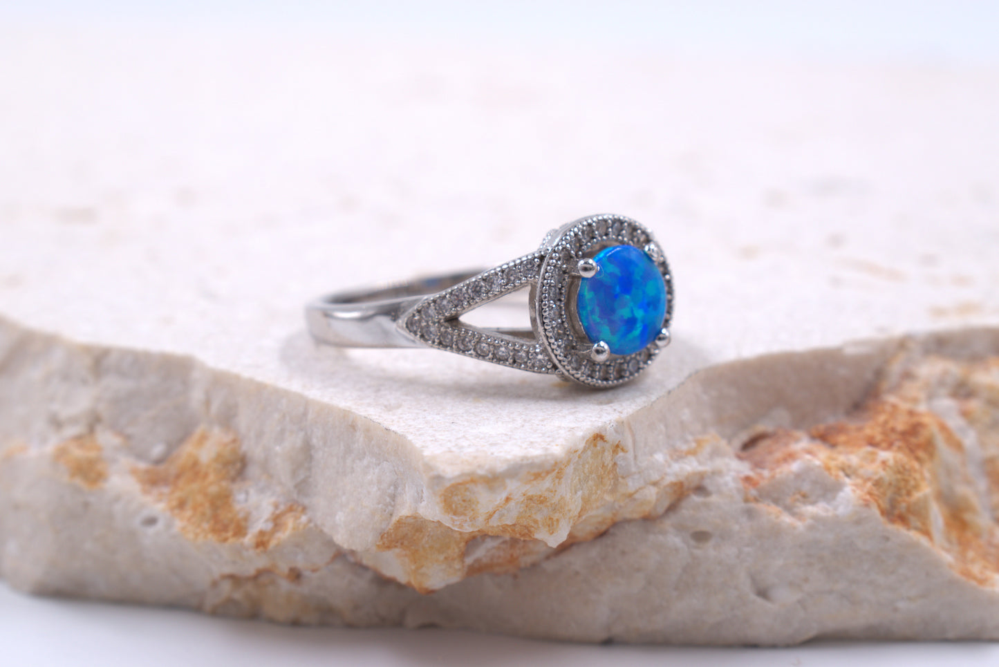 Sterling Silver Round Crushed Blue Opal Vintage Style Ring (October Birthstone)