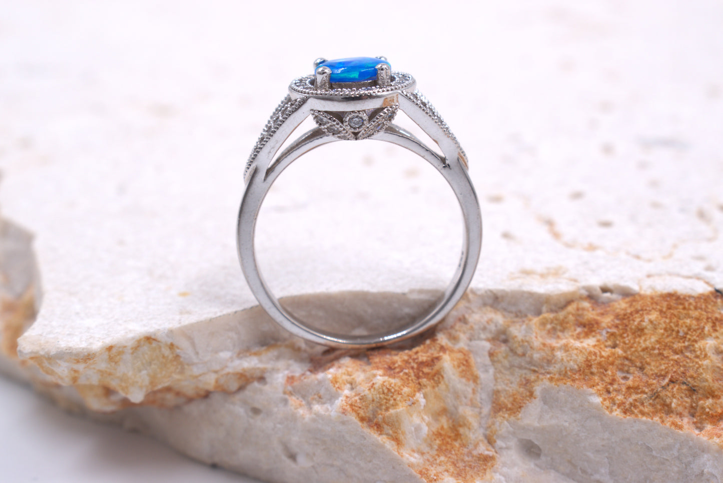 Sterling Silver Round Crushed Blue Opal Vintage Style Ring (October Birthstone)