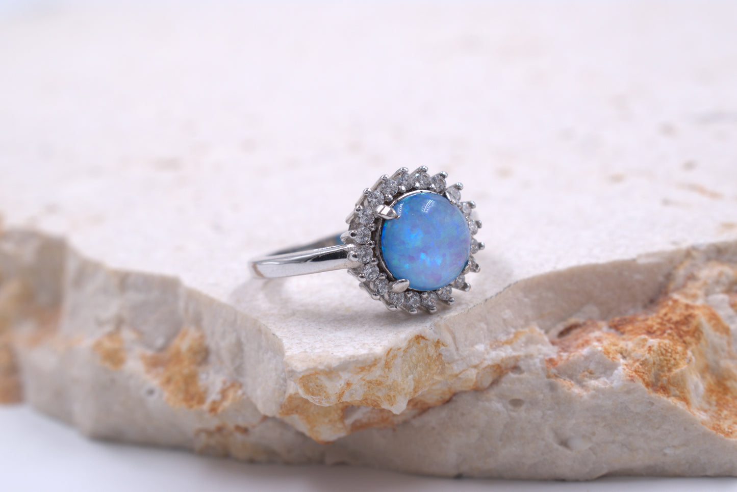 Sterling Silver Round Crushed Blue Opal Ring (October Birthstone)
