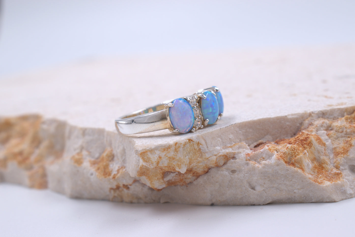Sterling Silver 3x Oval Crushed Blue Opal Ring (October Birthstone)