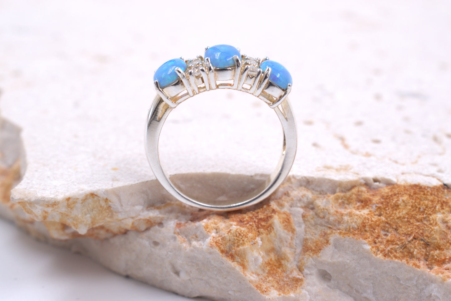 Sterling Silver 3x Oval Crushed Blue Opal Ring (October Birthstone)