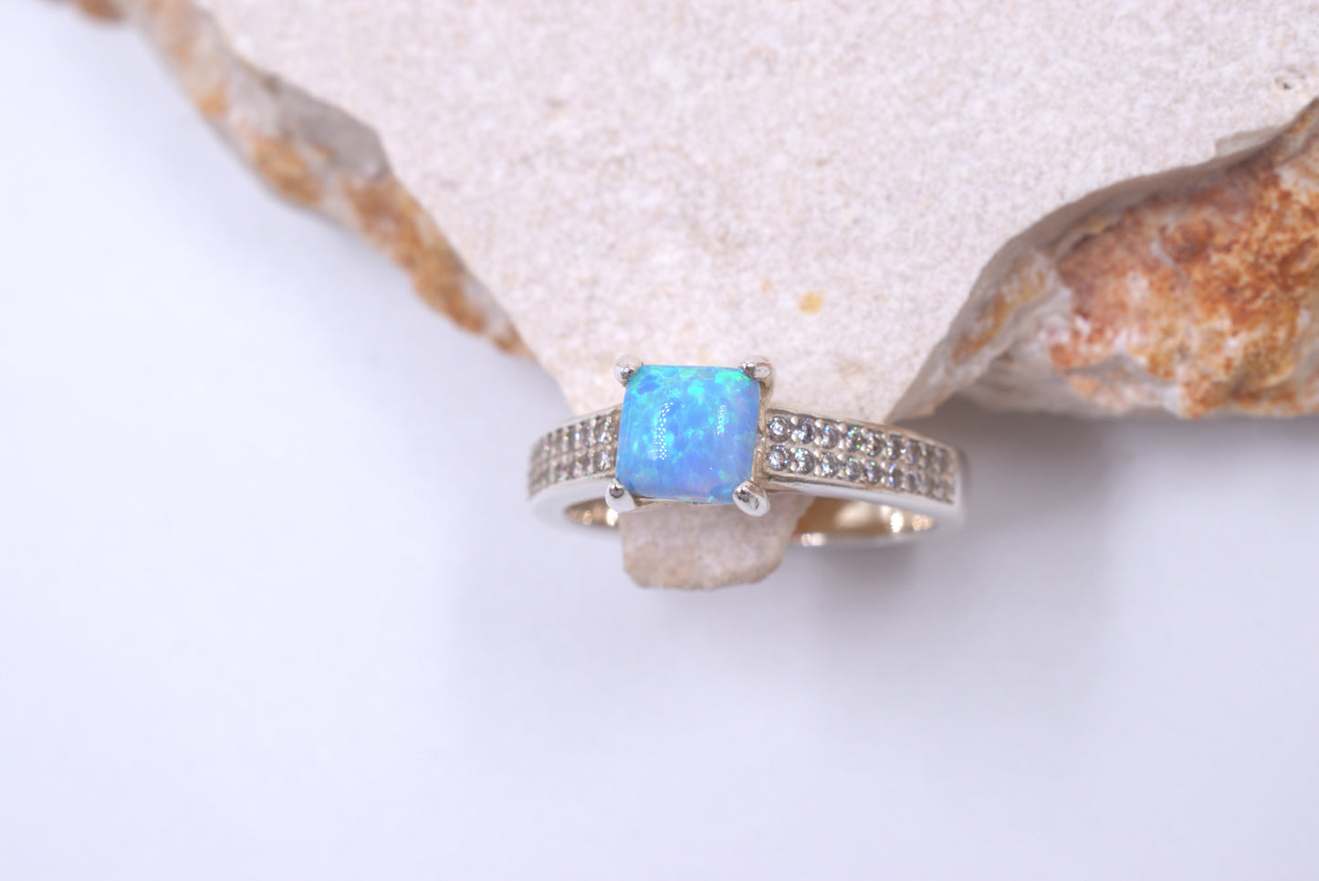 Sterling Silver Square Crushed Blue Opal Ring (October Birthstone)