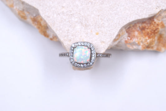 Sterling Silver Cushion Cut Crushed White Opal Ring (October Birthstone)