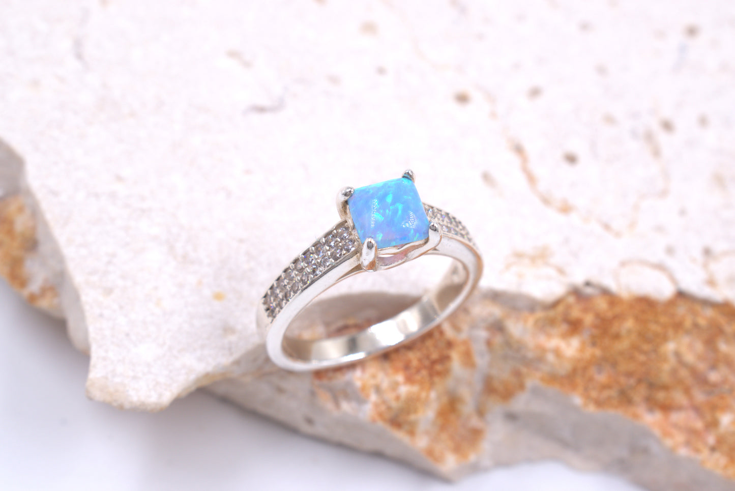 Sterling Silver Square Crushed Blue Opal Ring (October Birthstone)
