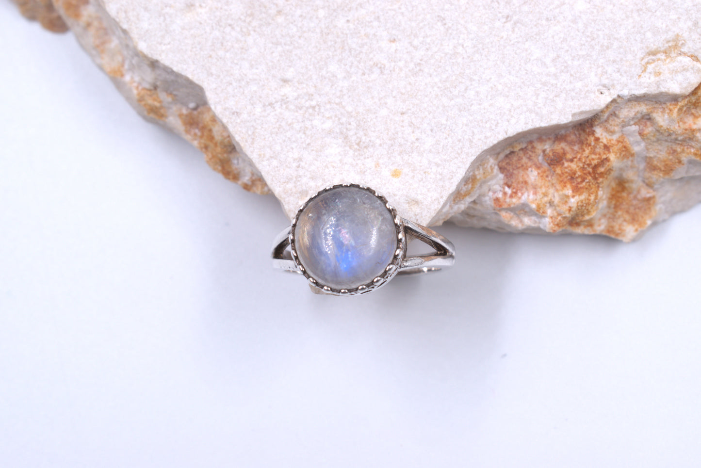 Sterling Silver Round Split Shank Moonstone Ring