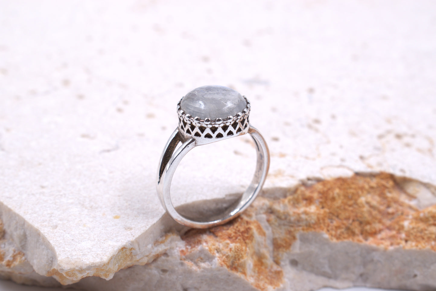 Sterling Silver Round Split Shank Moonstone Ring