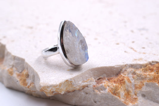 Sterling Silver Pear-shaped Rough Cut Moonstone Ring