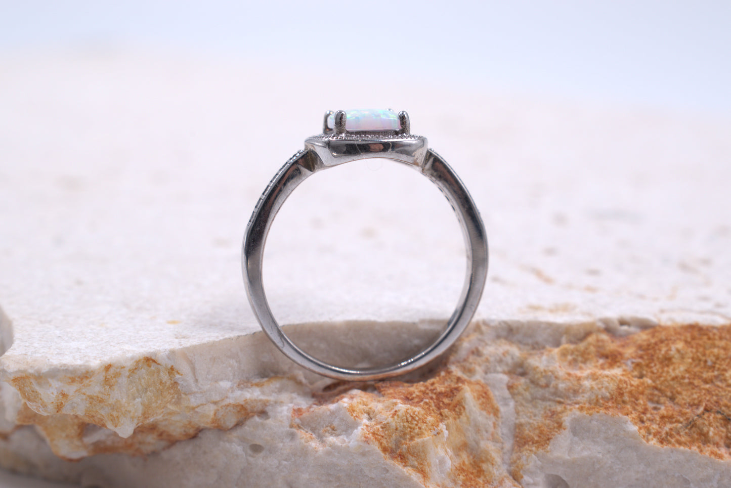 Sterling Silver Cushion Cut Crushed White Opal Ring (October Birthstone)