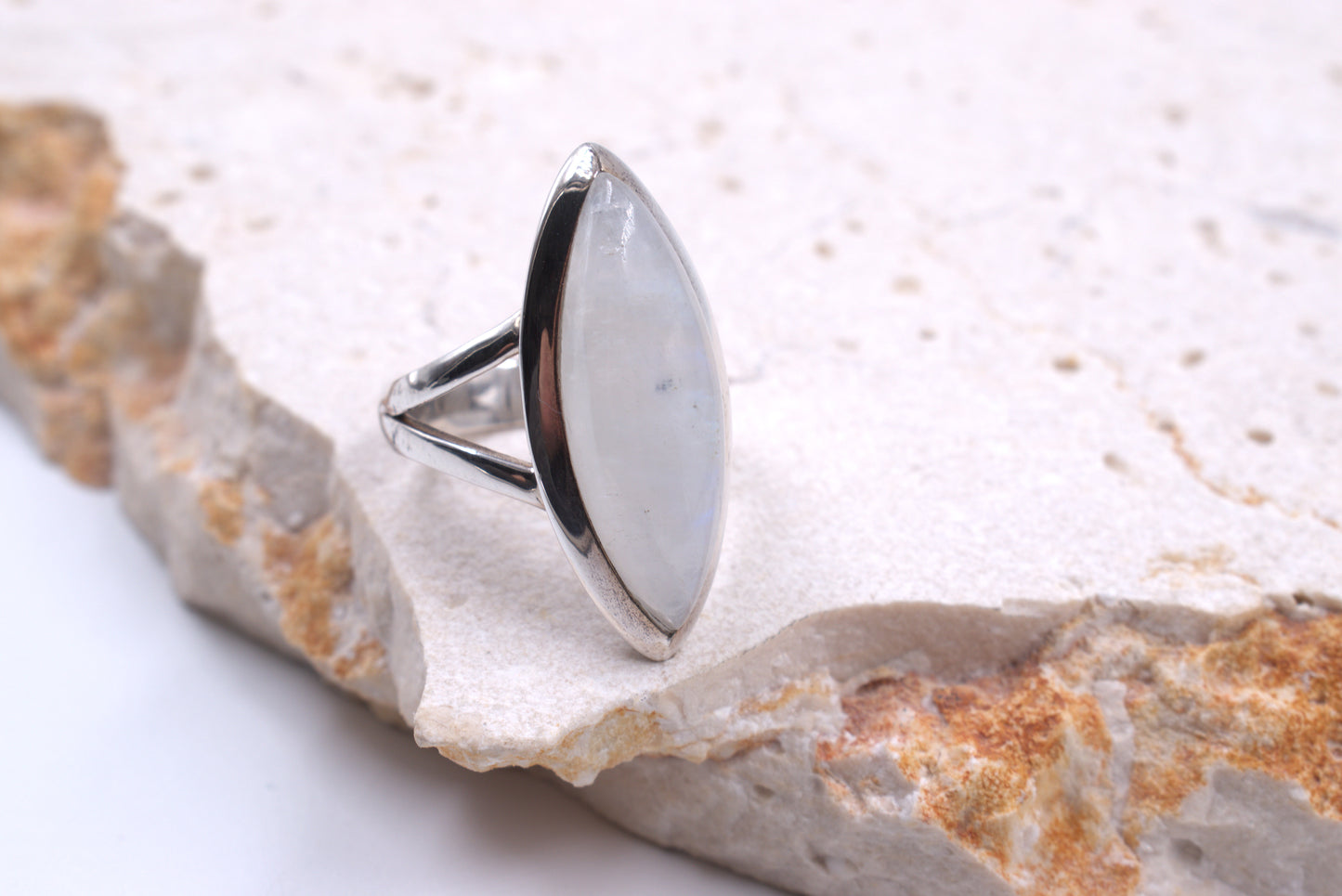 Sterling Silver Split Shank Marquise Moonstone Ring