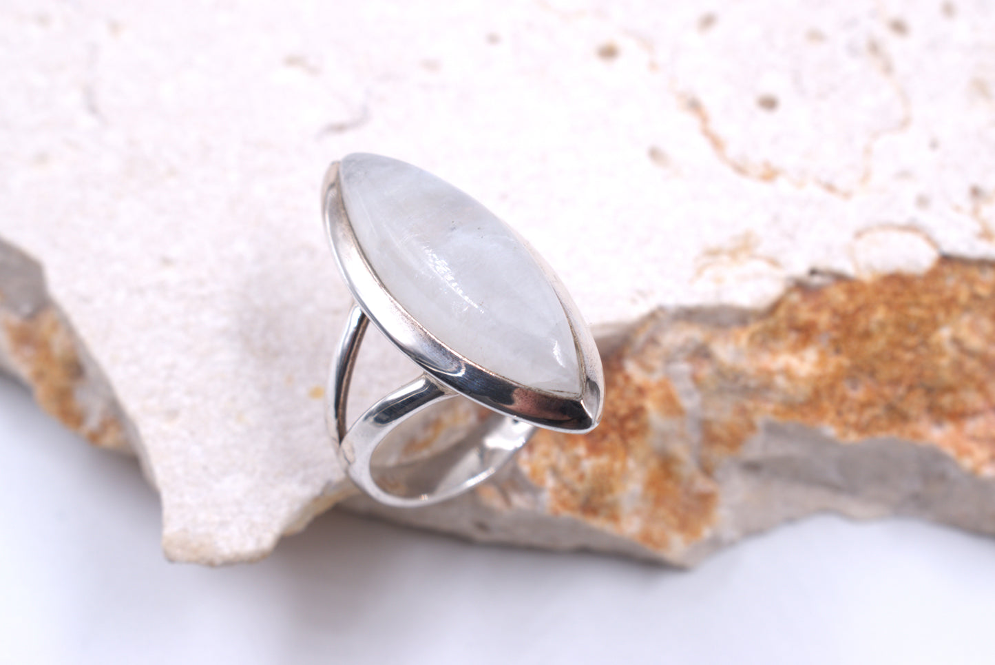 Sterling Silver Split Shank Marquise Moonstone Ring