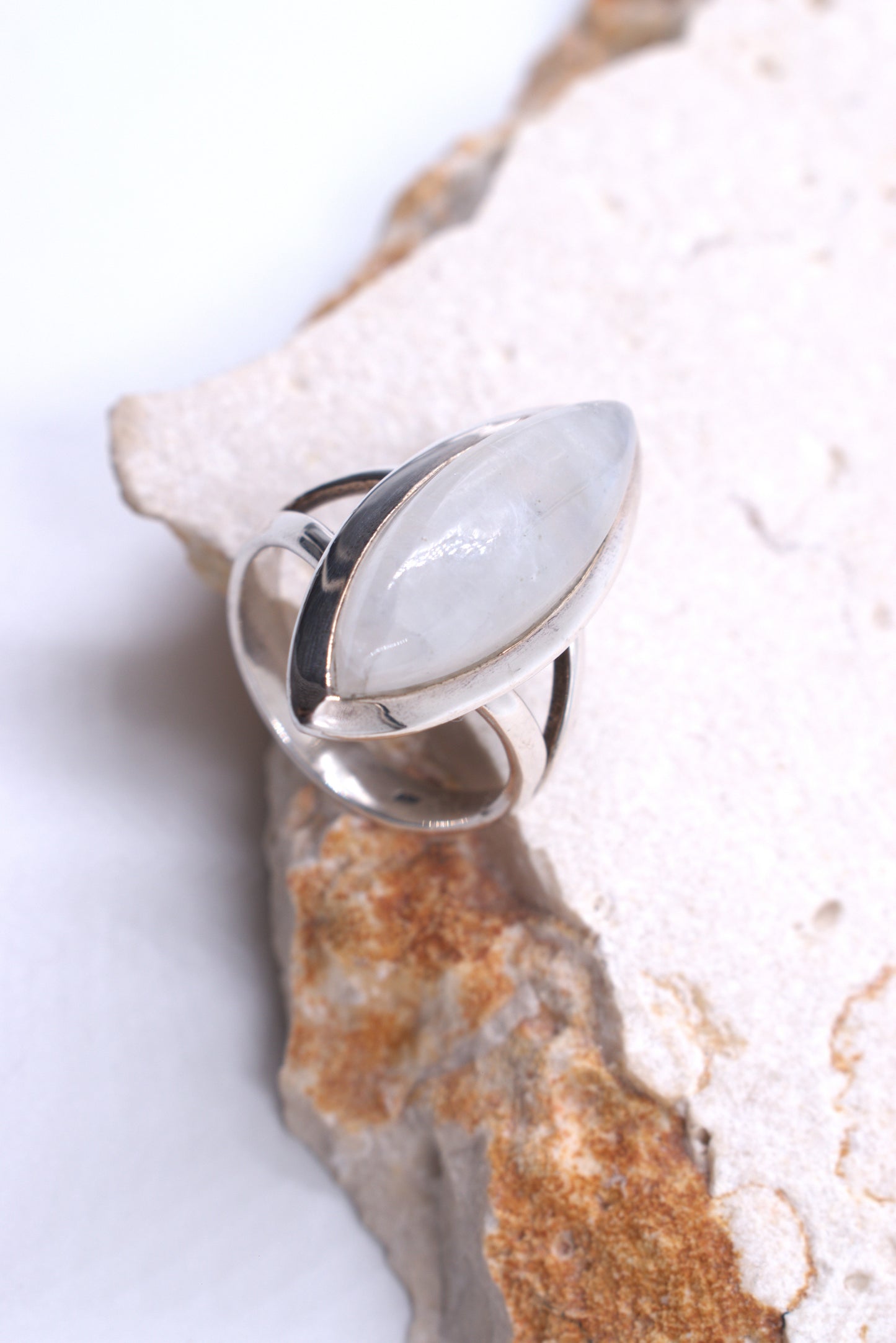 Sterling Silver Split Shank Marquise Moonstone Ring