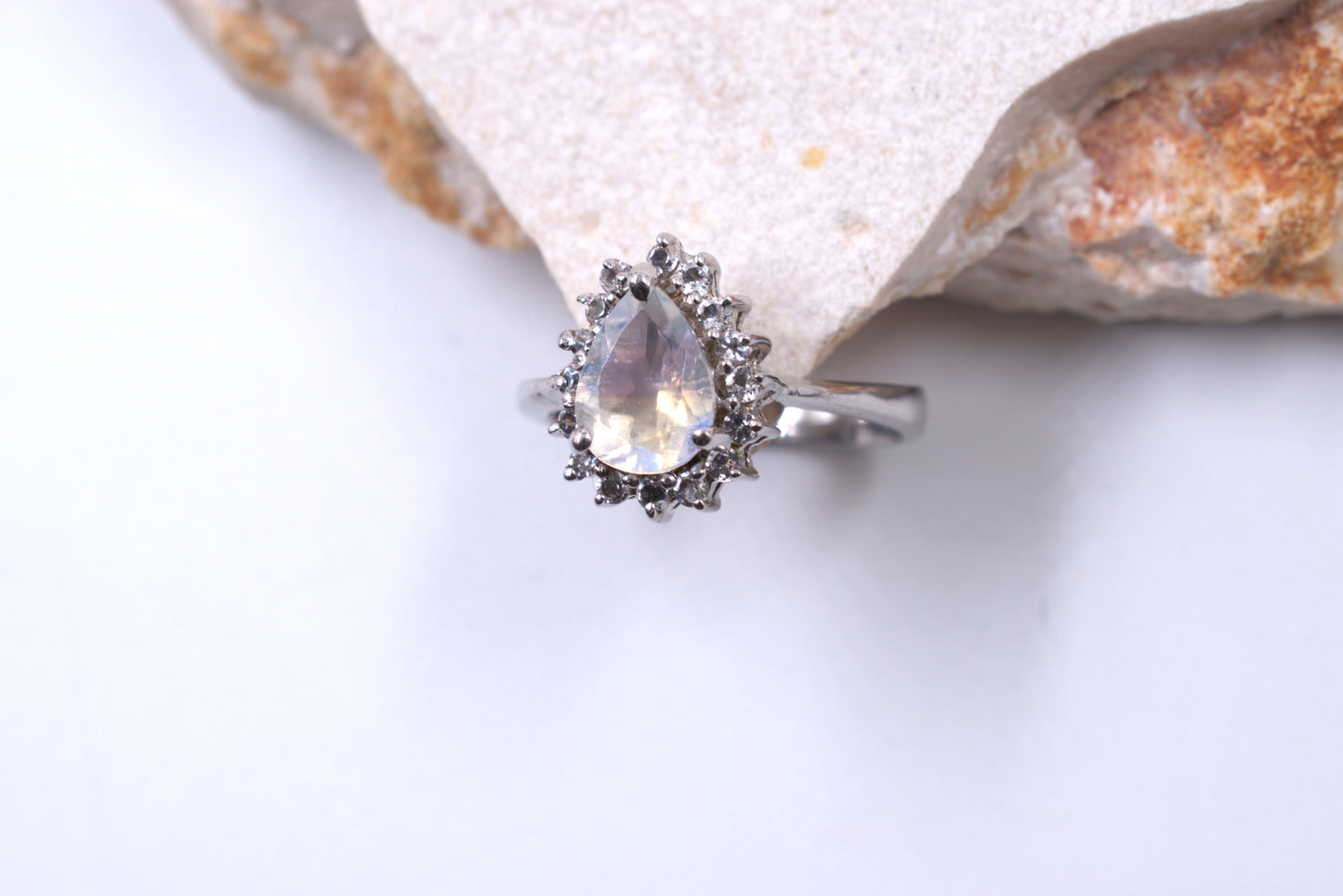 Sterling Silver Pearshape Moonstone Ring With Halo