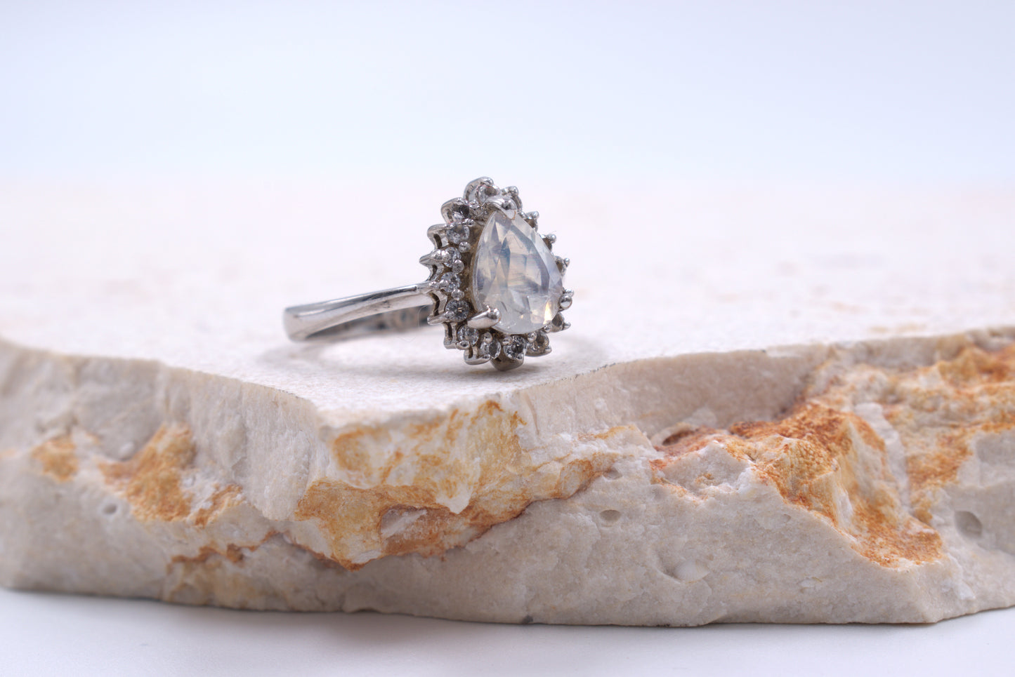 Sterling Silver Pearshape Moonstone Ring With Halo