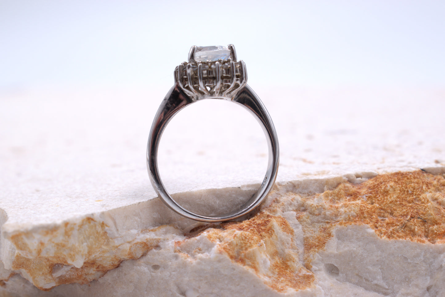 Sterling Silver Pearshape Moonstone Ring With Halo