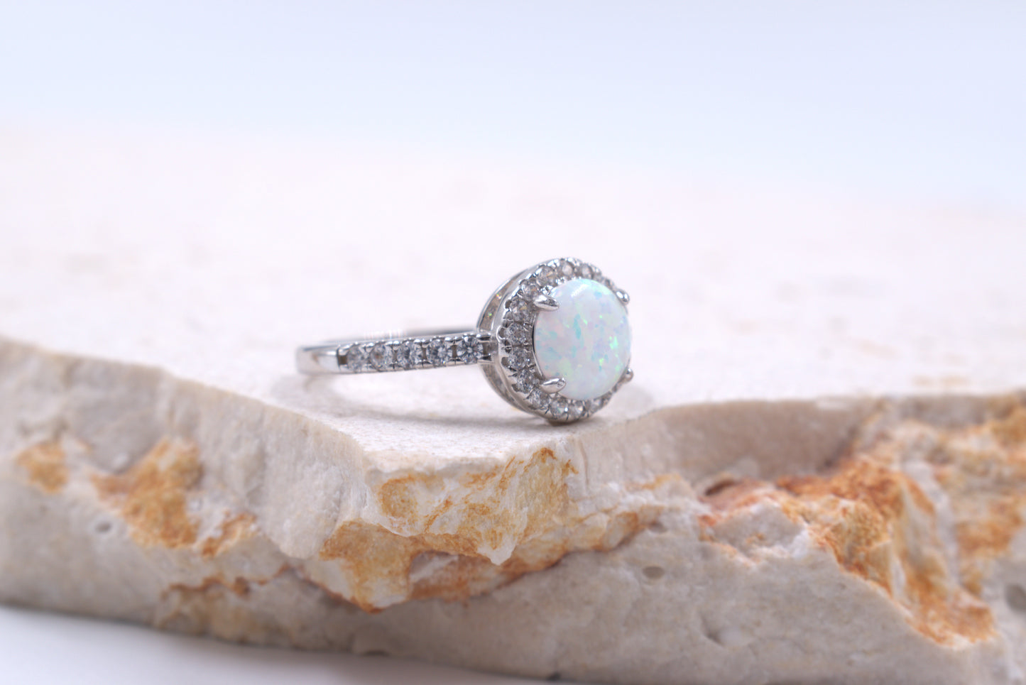 Sterling Silver Round Crushed White Opal Ring (October Birthstone)