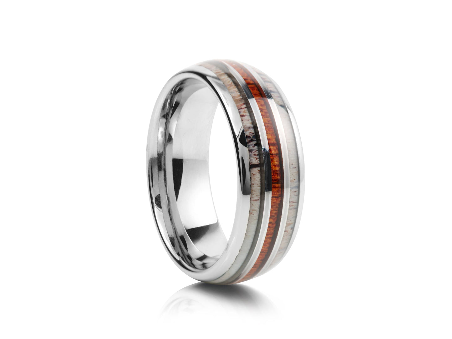 Grey tungsten ring with antler inlay