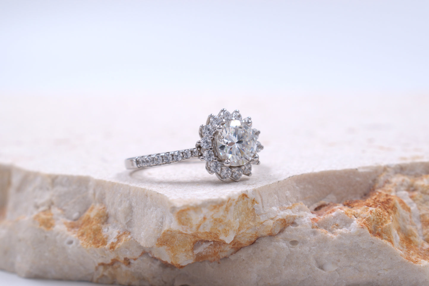 Sterling Silver Round Moissanite ring with Cubic Zirconia Halo