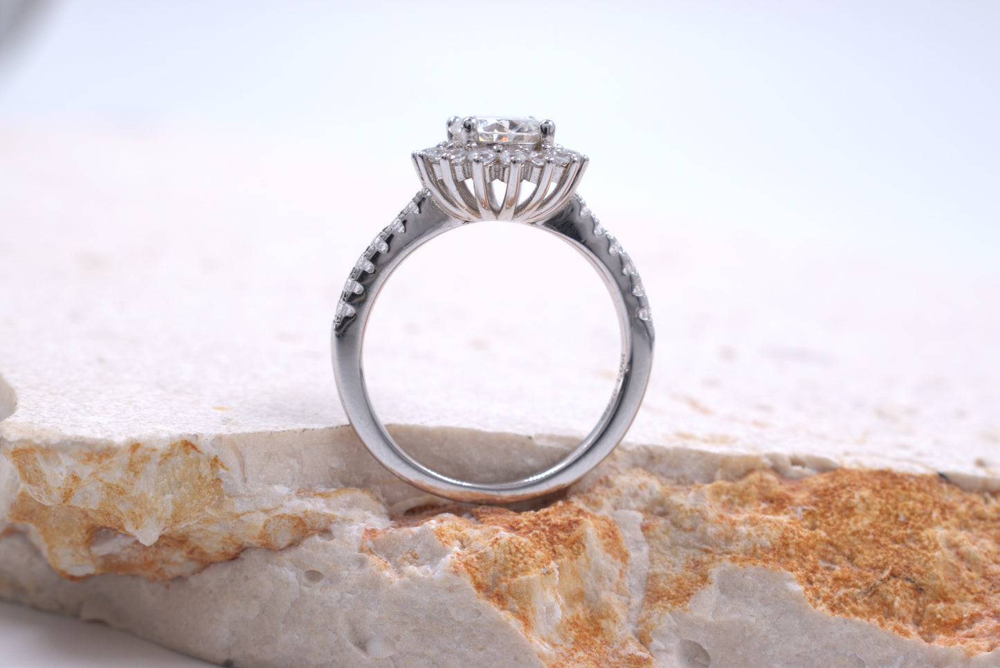 Sterling Silver Round Moissanite ring with Cubic Zirconia Halo