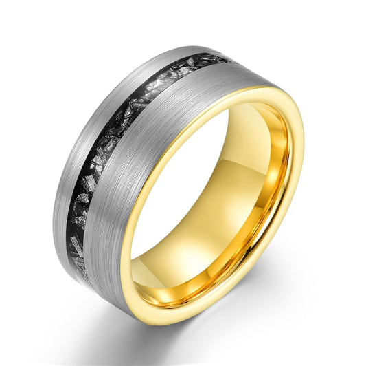 Grey tungsten ring with meteorite