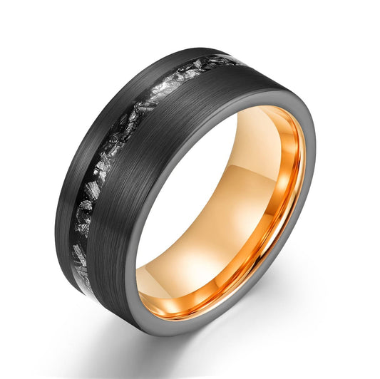 Black tungsten ring with meteorite