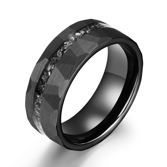 Black tungsten ring with meteorite