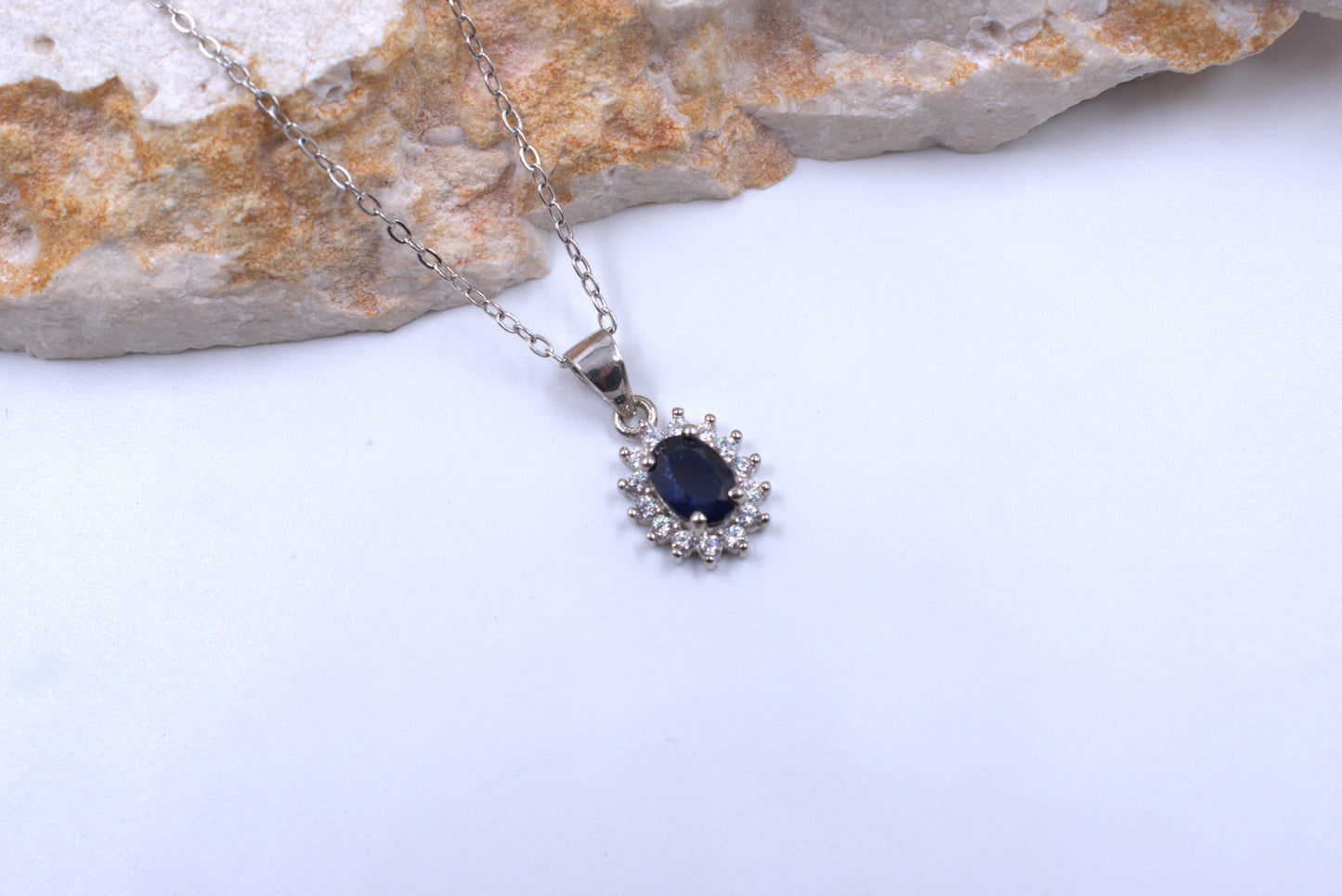 Sterling Silver Oval Sapphire and White Tourmaline Necklace (September Birthstone)