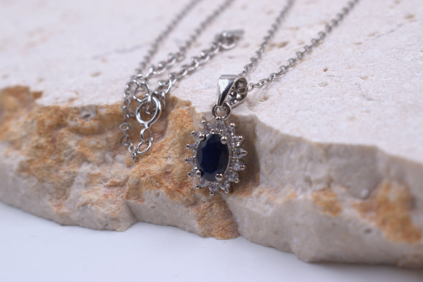 Sterling Silver Oval Sapphire and White Tourmaline Necklace (September Birthstone)