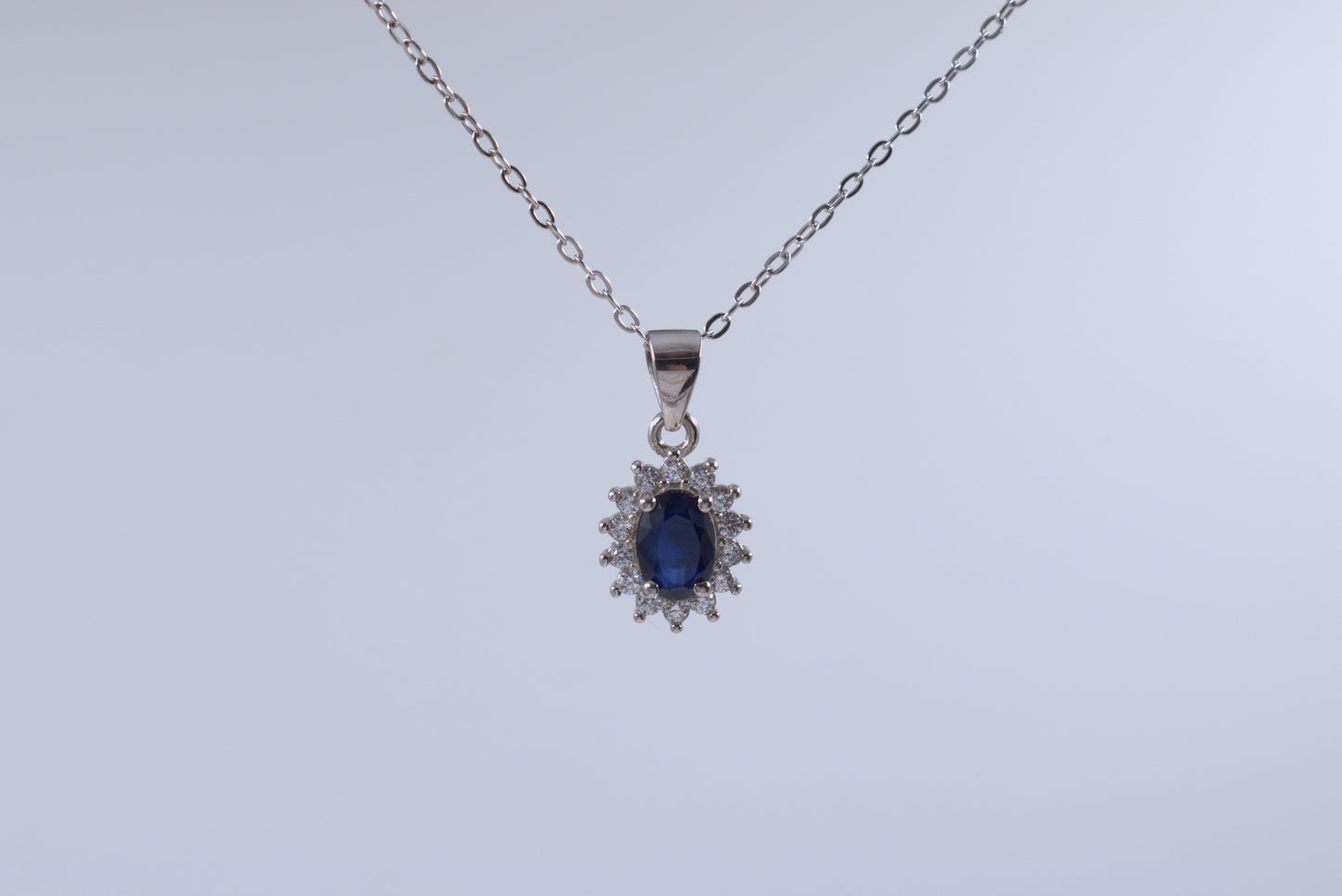 Sterling Silver Oval Sapphire and White Tourmaline Necklace (September Birthstone)