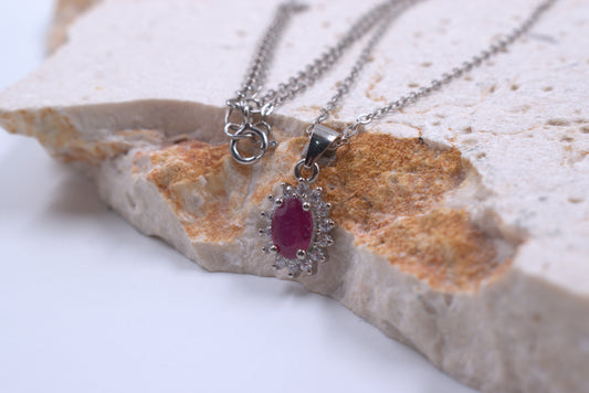 Sterling Silver Oval Ruby and White Tourmaline Necklace (July Birthstone)