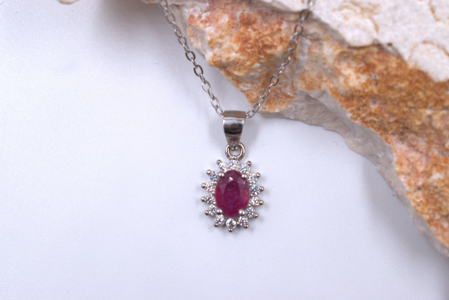 Sterling Silver Oval Ruby and White Tourmaline Necklace (July Birthstone)