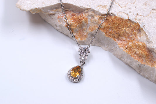 Sterling Silver Pear Shaped Citrine with Cubic Zirconia Halo Necklace (November Birthstone)
