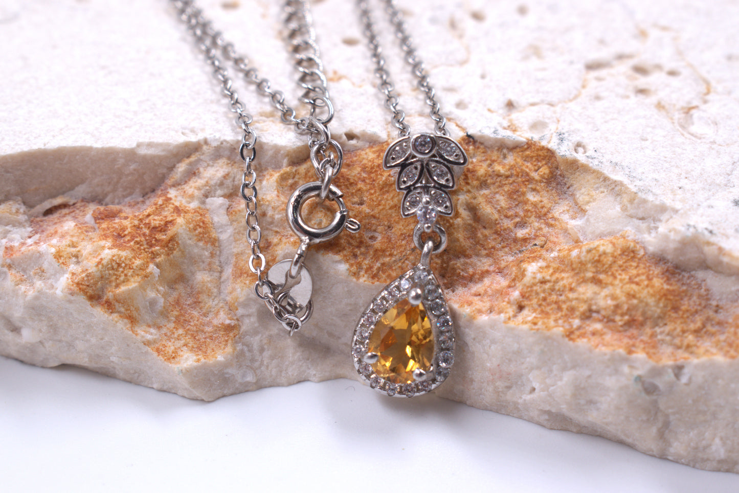 Sterling Silver Pear Shaped Citrine with Cubic Zirconia Halo Necklace (November Birthstone)