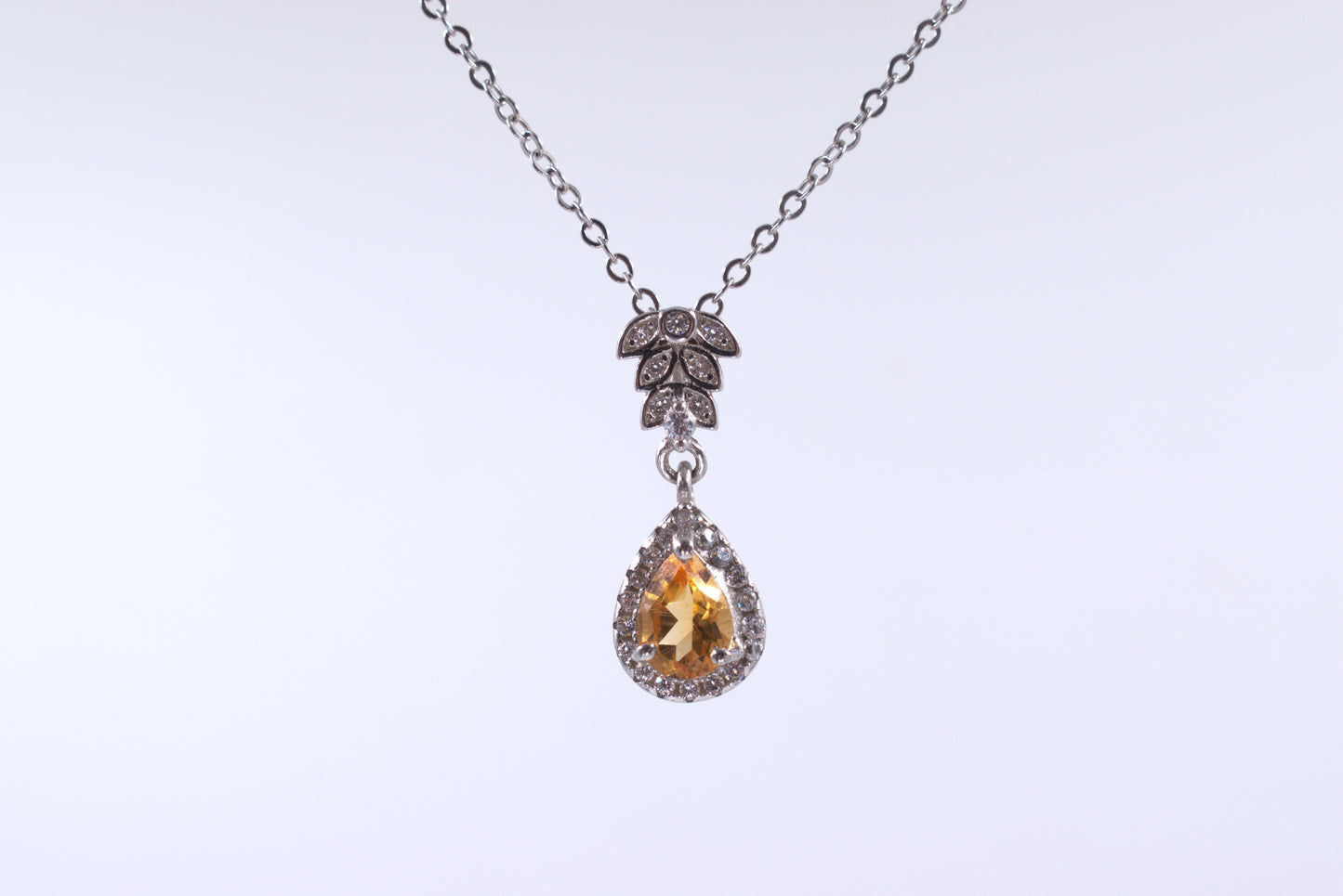 Sterling Silver Pear Shaped Citrine with Cubic Zirconia Halo Necklace (November Birthstone)