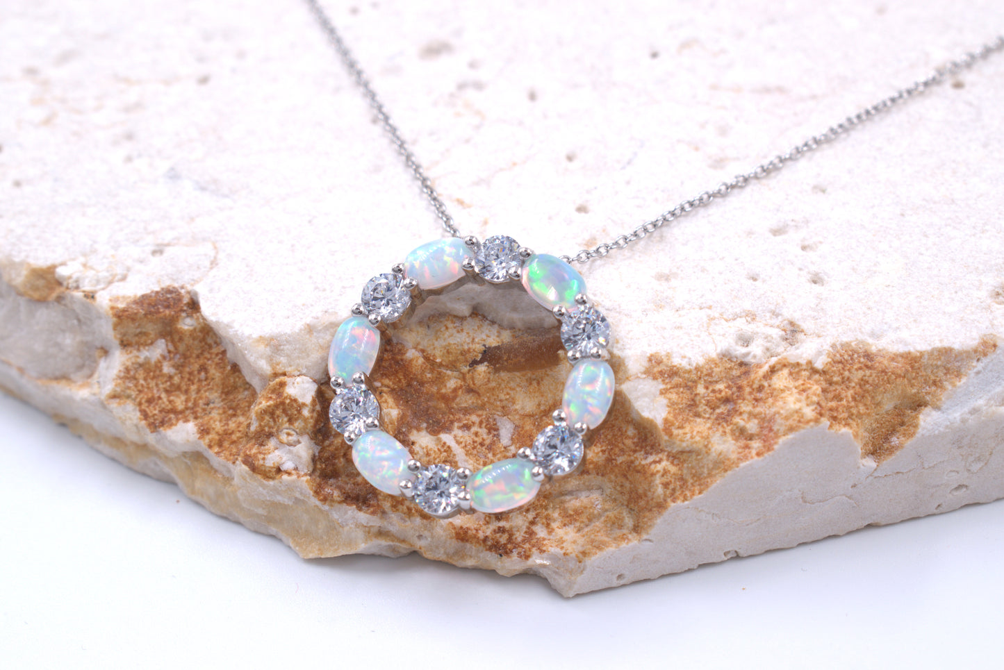 Sterling Silver Circle of Life Lab Grown White Opal Necklace (October Birthstone)