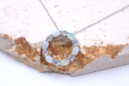 Sterling Silver Circle of Life Lab Grown White Opal Necklace (October Birthstone)